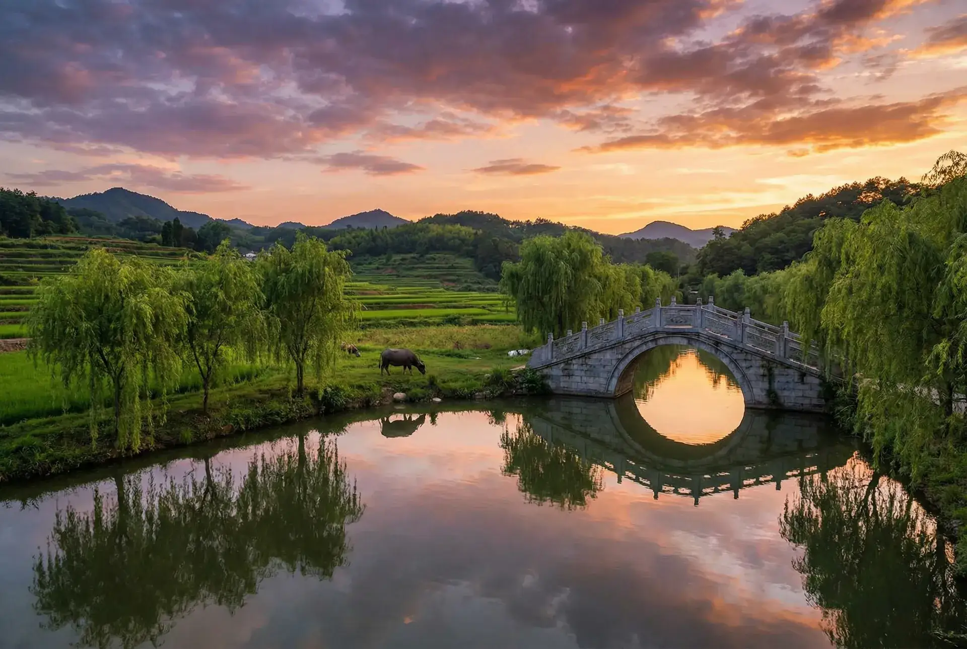 夕阳下的石拱桥与垂柳，水牛在河边吃草 - 小小的日本在线观看免费高清集 乡村美景